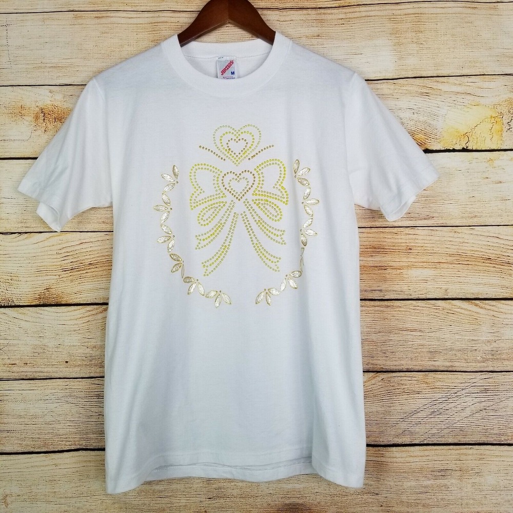 Vintage Jerzees Size M T-shirt White Single Stitch Puffy Paint Bow Floral Design